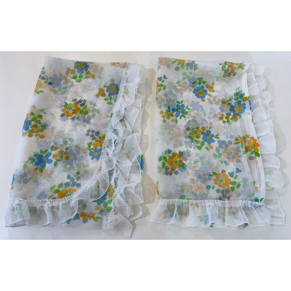 Vintage 80s curtains, white, orange, blue, green floral ruffled, pair of panels - Picture 7 of 9